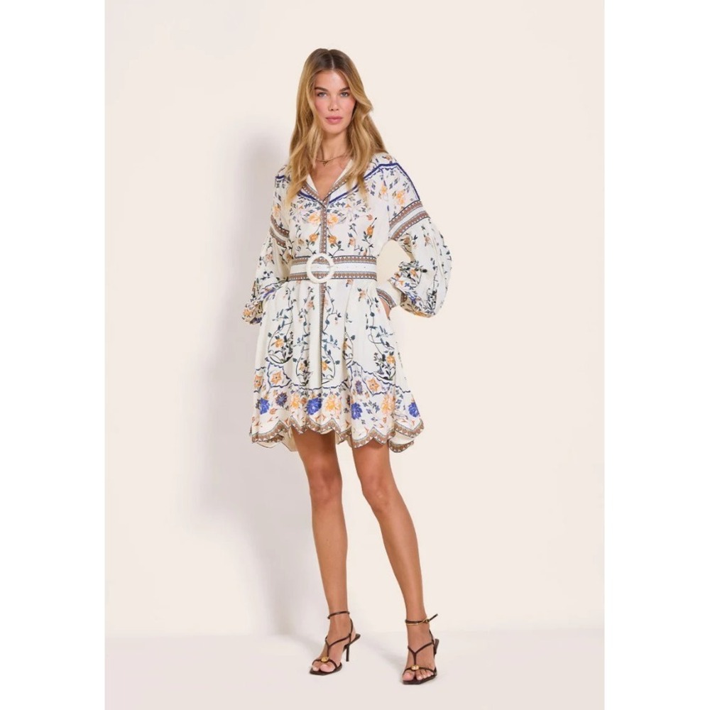 Floral Bohemian Mini Dress - White and Blue